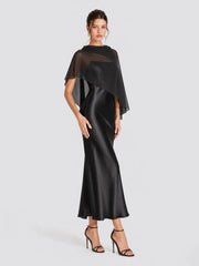 Romantic Drape Asymmetric Cape Satin Maxi Dress