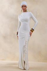 Karessa | Cream High-Neck Maxi Dress With Gathered Detailing And Front-High Split