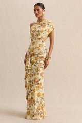Siora | Lemon Rose Print Asymmetric-Neck Maxi Dress With Draped-Detailing