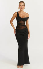 Elias Maxi Dress - Twisted One Shoulder Cowl Dropped Waist Dress in Black