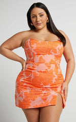 Brailey Mini Dress - Strapless Dress in Orange Jacquard
