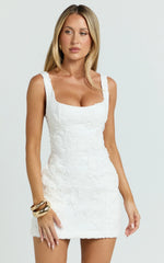 Tara Mini Dress - Embroidered Panel A Line Dress in White