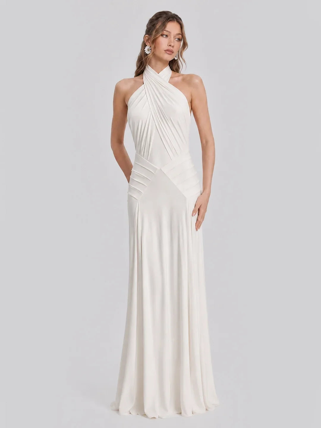 Open Back Pleated Halter Maxi Gown