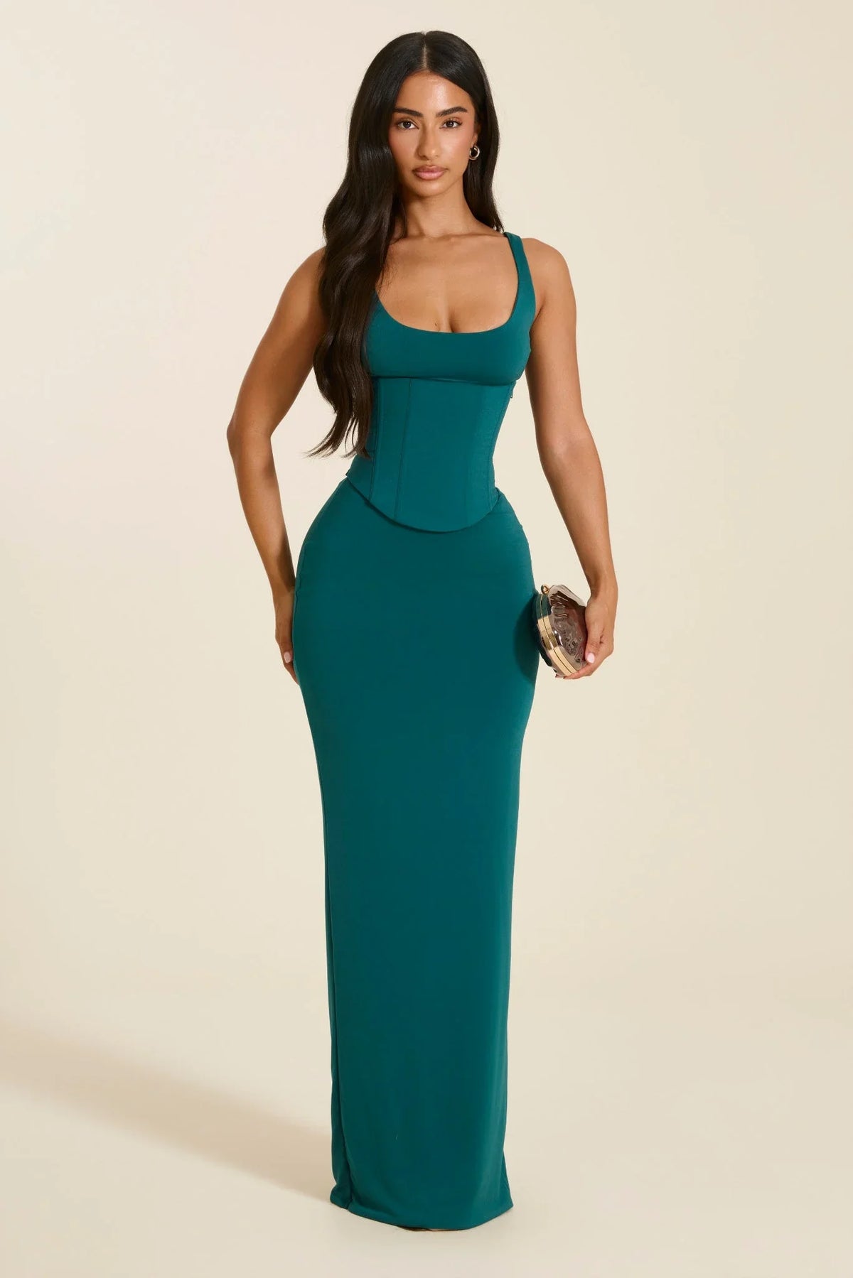 The Sandra Scoop Corset Maxi Dress in Teal