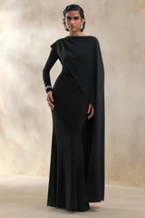 Salenne | Black Round-Neck Maxi Dress With Satin Asymmetric-Cape