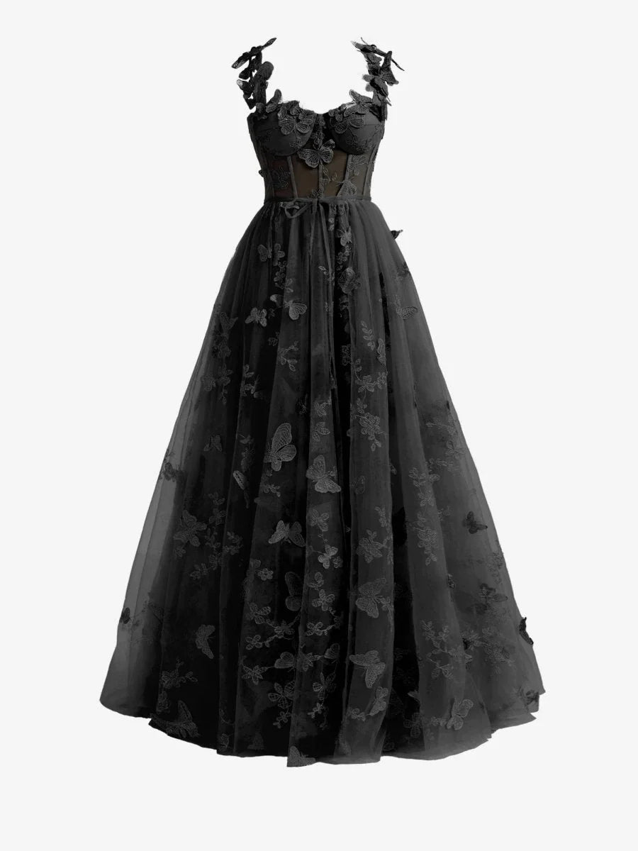 Black A-line Butterfly Lace Lilac Corset Prom Dress with Slit