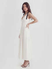 V-Neck Fitted Waist Maxi Dress with Bow Straps