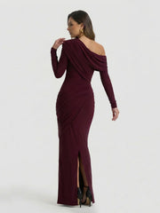 Asymmetric-Neck Maxi Dress With Ruched Detailing